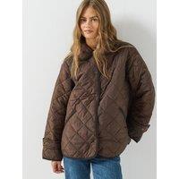 Pieces Womens Quilted Contrast Trim Short Coat - Hot Fudge