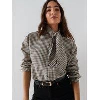 Jdy Women'S Check Scarf Tie Neck Long Sleeve Shirt- Beige