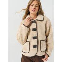 Jdy Womens Teddy Textured Button Through Piped Jacket - Cement
