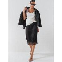 Only Women'S Satin Midi Skirt With Lace Trim Hem - Black