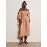 Apricot Midi Shirred Bardot Dress - Pink