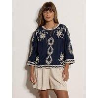 Apricot 2 Tone Embroidered Bell 3/4 Sleeve Top - Blue