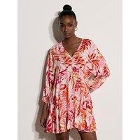Apricot Palm Print Batwing Sleeve Mini Dress - Pink