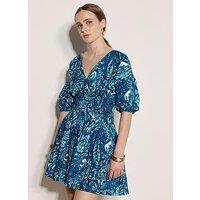 Apricot Paisley Smocked Waist Bubble Sleeve Dress - Blue