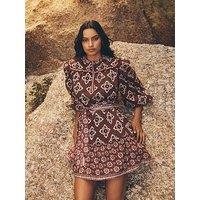 Apricot Tile Print Border Mini Dress - Burgundy