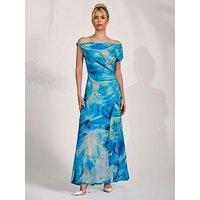 Jolie Moi Mesh Asymmetrical Off Shoulder Maxi Dress - Blue