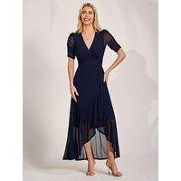 Jolie Moi Ruched Sleeve Mesh Maxi Dress - Navy