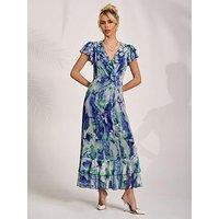 Jolie Moi Ruffle V Neck Mesh Maxi Dress - Blue