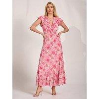 Jolie Moi Ruffle V Neck Mesh Maxi Dress - Pink