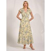 Jolie Moi Ruffle V Neck Mesh Maxi Dress - Yellow