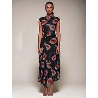 Jolie Moi Slash Neck Ruched Mesh Maxi Dress - Black
