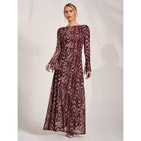 Jolie Moi Long Sleeve Slash Neck Maxi Dress - Brown