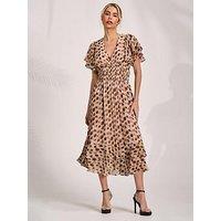 Jolie Moi Angel Sleeve Draped Mesh Midi Dress - Brown