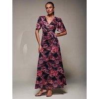 Jolie Moi Angel Sleeve Draped Mesh Maxi Dress - Pink
