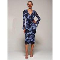 Jolie Moi Ruffle V Neckline Mesh Bodycon Midaxi Dress - Blue