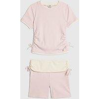 River Island Older Girls Ruched Ribbed Top And Shorts Set - Pink
