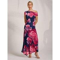 Jolie Moi Asymmetric Draped Mesh Midaxi Dress - Pink