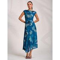 Jolie Moi Asymmetric Draped Mesh Midaxi Dress - Blue