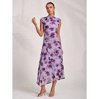 Jolie Moi Asymmetric Draped Mesh Midaxi Dress - Purple