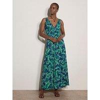 Apricot Vintage Tropical Leaf Sleeveless Maxi Dress - Blue