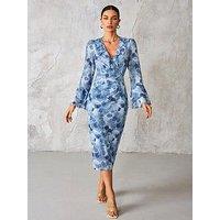 Jolie Moi Frill Sleeve Pleated Wrap Midi Dress - Blue