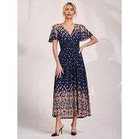 Jolie Moi Mirrored Mesh Short Sleeve Midaxi Dress - Navy