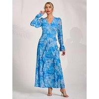 Jolie Moi Long Sleeve Ruffle Mesh Maxi Dress - Blue