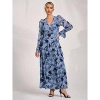 Jolie Moi Long Sleeve Ruffle Mesh Maxi Dress - Blue