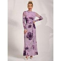 Jolie Moi High Neck Long Sleeve Mesh Maxi Dress - Purple
