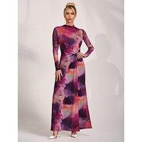 Jolie Moi High Neck Long Sleeve Mesh Maxi Dress - Pink