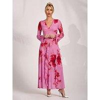 Jolie Moi Long Sleeve Ruffle Mesh Maxi Dress - Pink