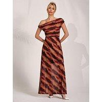 Jolie Moi Mesh Asymmetrical Off Shoulder Maxi Dress - Orange