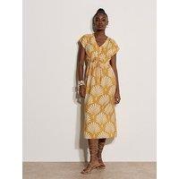 Apricot Palm Geo Smock Waist V-Neck Dress - Yellow