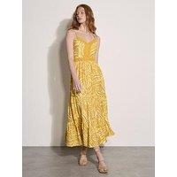 Apricot Leaf Print Tiered Maxi Dress - Yellow