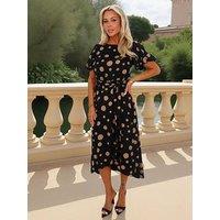 Ax Paris Polka Dot Puff Sleeve Tie Waist Midi Dress - Black