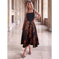 Ax Paris Floral Jacquard 2 In 1 Square Neck Midi Dress - Black