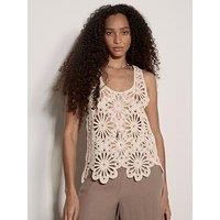 Apricot Sequin Crochet Shell Top - Cream