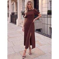 Ax Paris Chocolate And Black Polka Dot Puff Sleeve Midi Dress - Brown