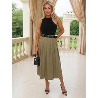 Ax Paris 2 In 1 Pleated Skirt Belted Midi Dress - Green