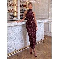 Ax Paris Burgundy Polka Dot Print Halter Neck Draped Midi Dress - Purple