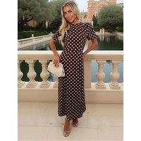 Ax Paris Polka Dot Print Puff Sleeve Midi Dress - Brown