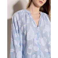 Apricot Jacquard Stripe Open Neck Romantic Blouse - Blue