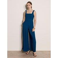 Apricot Shirred Back Wide Leg Jumpsuit - Blue