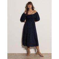 Apricot Maxi Shirred Bardot Dress - Blue