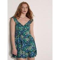 Apricot Floral Patchwork Ruffle Mini Dress - Blue