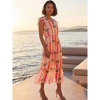 Roman Dusk Palm Shimmer Frill Maxi Dress