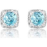 Love Diamond Platinum Plated Sky Blue Topaz Cushion Diamond Halo Stud Earrings