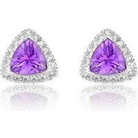 Love Diamond Platinum Plated Amethyst Trillion Cut Diamond Halo Stud Earrings