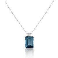 Platinum Plated London Blue Topaz Emerald Cut Lab Grown Diamond Pendant Necklace