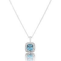 Platinum Plated Swiss Blue Topaz Cushion Cut Diamond Halo Pendant Necklace